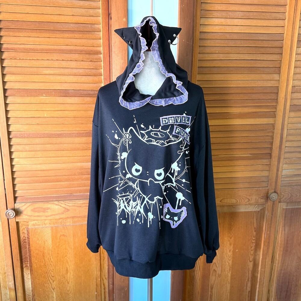 ACDC Rag Lolita EGL Yami Kawaii Devil Punk Kitty Cat Ears Black Hoodie Top